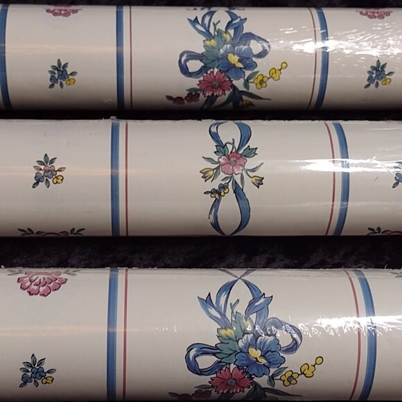 Vintage 3 Rolls Borden Wallpaper Blue Mauve Striped Bows Flowers Cottage Core - Picture 4 of 11